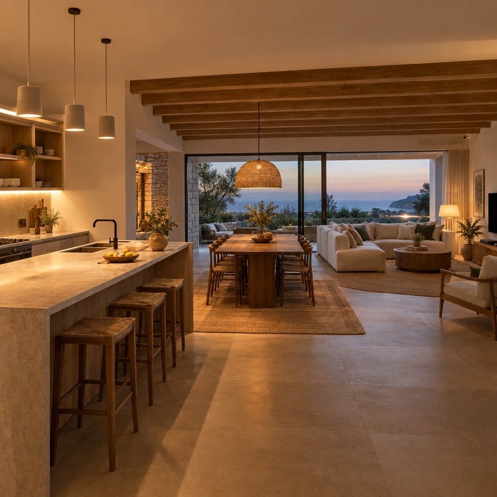 Combinación de temperaturas de color en cocina, comedor y salón