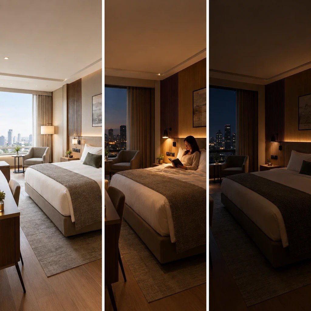 Escenas de bienvenida, lectura y descanso en una habitación de hotel
