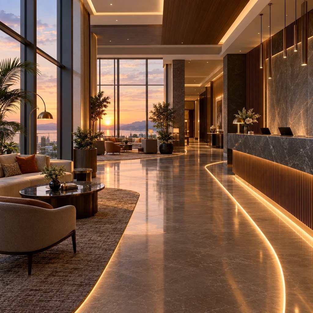 Criterios de jerarquía, luz natural y confort visual en el lobby de un hotel